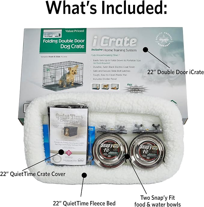 MidWest Homes for Pets XS Double Door iCrate Starter Kit, 22-inch Dog Crate Bundle for Extra-Small Dogs, Includes Cage, Pet Bed, 2 Bowls and Privacy Cover