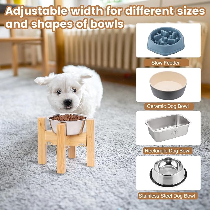 Elevated Dog Bowl Stand Adjustable Dog Food Holder 7”H Small Bamboo | Raised Stand, for Small Dogs, Fits 6”-8” Bowls, Single Bowl Holder, Natural Bamboo, Solid, Classic