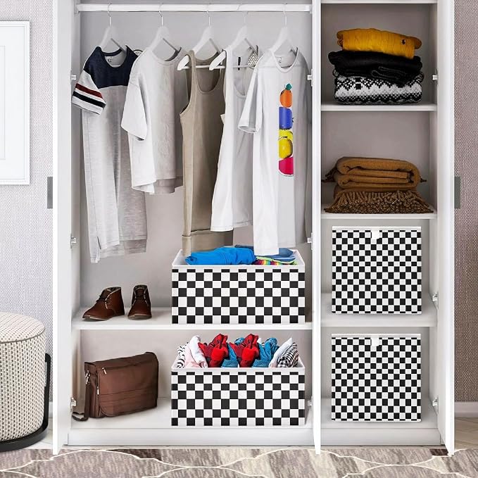 Black and White Checkered Pattern Cube Storage Bins Collapsible Fabric Storage Baskets Large Clothes Organizer Box for Bedroom Living Room Study Room 11×11×11 In