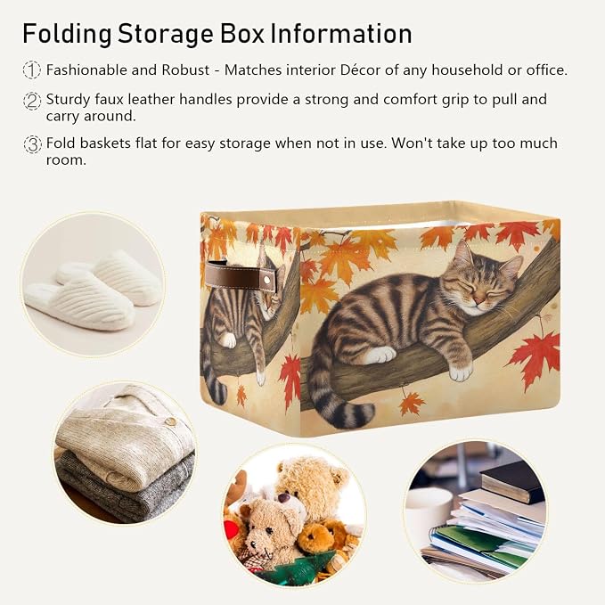 Wamika Fall Cat Kitty Storage Basket with Waterproof Liner and PU Handles Autumn Maple Leaves Storage Bins Boxes 14.2" Collapsible Decorative Organizer Baskets for Bedroom Closet Office 2 Pack