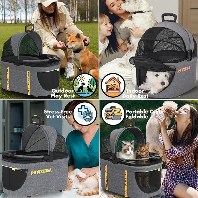 PAWZIDEA Pet Stroller 4-in-1, Foldable Cat Stroller with Detachable Carrier | Escape-Proof No-Zip Canopy, Portable Travel Crate & Car Seat Combo, for Small to Medium Dogs & Cats up 33 lbs, Storage Basket