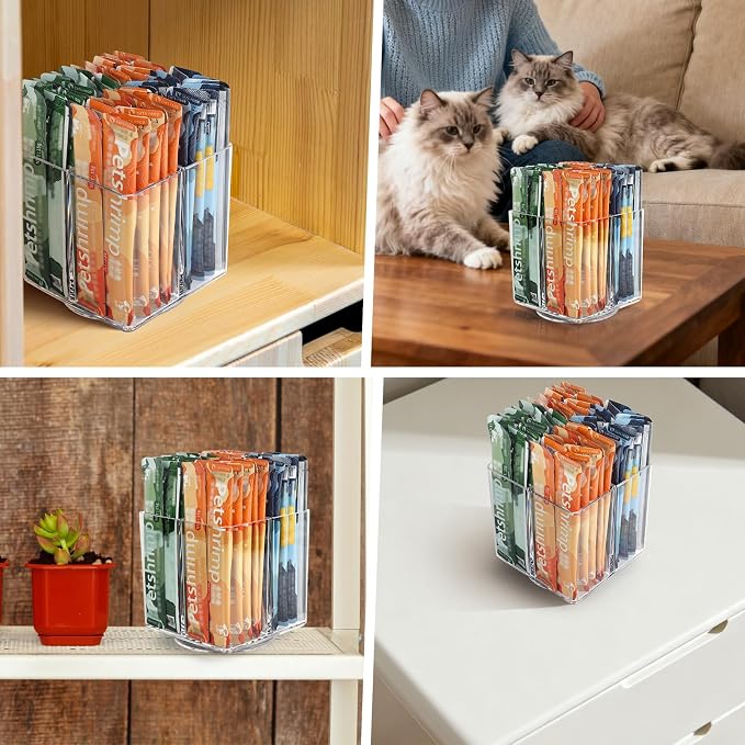 Lickable Cat Treats Organizer, Lazy Susan Acrylic Squeeze Up Cat Treats Storage Organizer with 4 Compartments, Wet Cat Food Storage Container for Kitchen Cabinet Pantry Shelf Countertop（Square）