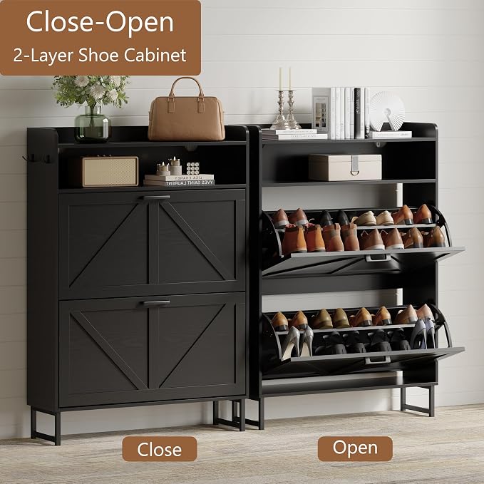 Xixini Shoe Storage Cabinet with 2 Flip Drawers, Entryway Shoe Rack, Black | Freestanding Narrow Shoe Storage, Hidden Slim Wood Shoe Organizer, Modern Farmhouse, Open Storage & Hooks for Closet, Hallway