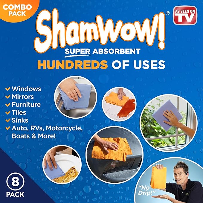 ShamWow Original Super Absorbent Multi-Purpose Cleaning Shammy Chamois Towel Cloth - Holds 10X its Weight in Liquid - Machine Washable - Will Not Scratch (8 Pack: 4 Large Orange & 4 Small Blue).