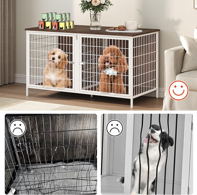 MAHANCRIS Dog Crate Furniture for 2 Dogs, 43.3" Dog Kennel with Removable Divider, Heavy Sturdy Dog Furniture Style Double Cage for Small Medium Dogs, Indoor Pet House End Table, White and Walnut