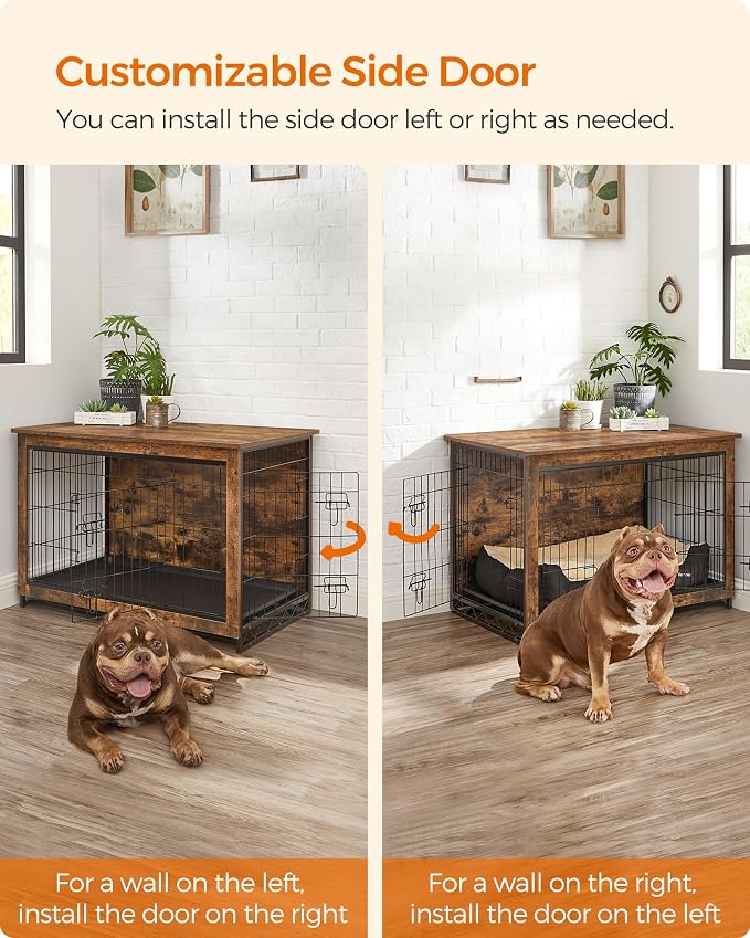 Feandrea 38.6" Dog Crate Furniture, Indoor Dog Cage Side End Table, XL Pet Wood Kennel for Large and Medium Dogs up to 70 lb with Multi-Purpose Removable Tray, Double-Door Pet House, Rustic Brown