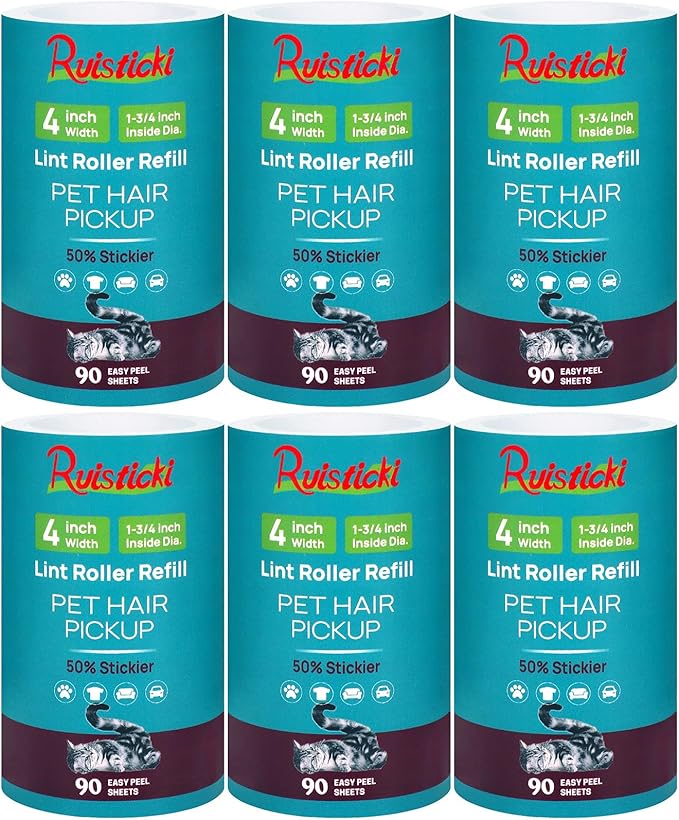 4 inch Extra Sticky Lint Roller Refills for Scotch-Brite Pet Hair Pickup Lint Roller 90 Sheets per Refill 6 Pack - 540 Easy-Tear Adhesive Sheets Total (Inside Dia. 1 3/4 inch)