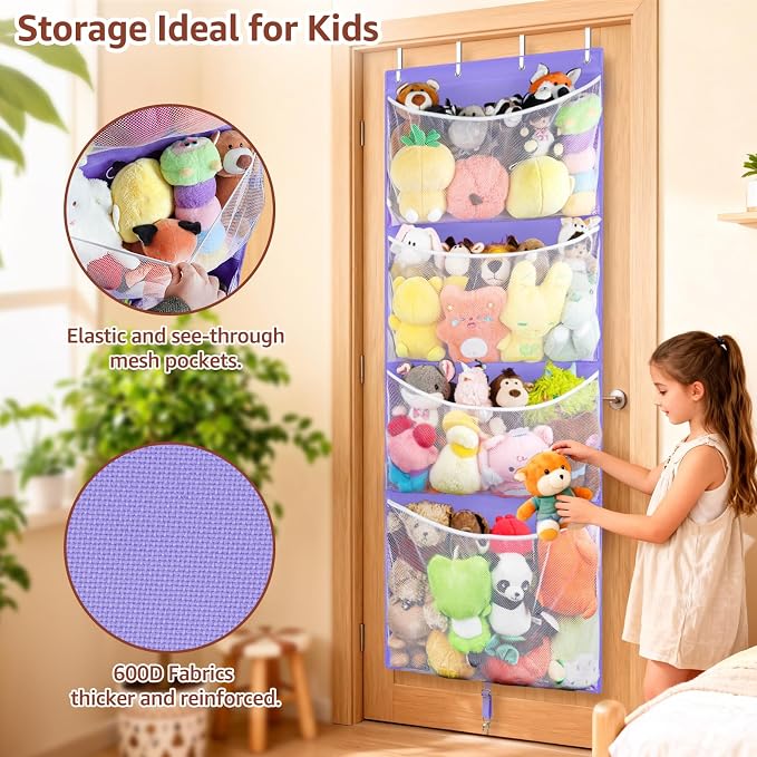 Over Door Stuffed Animal Storage, Hanging Plush Toy Organizer Holder | Behind Door Organizer with 4 Large Pockets, Mesh Hammock Bag for Doll & Bear Stuffies, Idea for Girl Boy Kid Nursery Closet