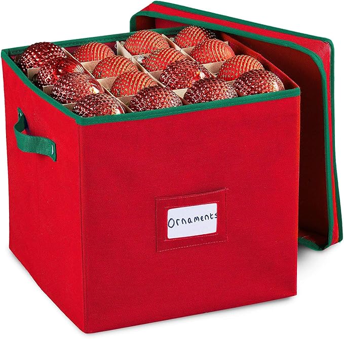 Durable Non-Woven Christmas Ornament Storage Box with Removable lid, Stores up-to 64 Standard Holiday Ornaments & Xmas Decorations For Seasons To come - 12 x 12 Inch 4 Layer Ornament Storage Container