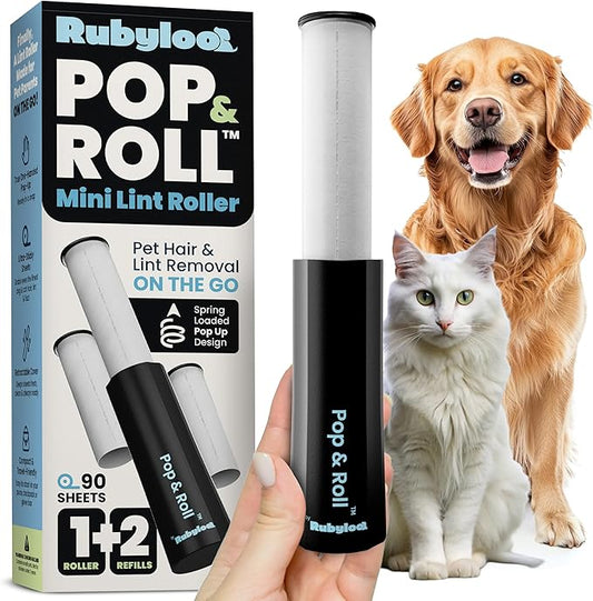 Rubyloo Mini Lint Roller for Pet Hair with 2 Refills – Travel Size Sticky Pet Hair Roller with Retractable Cover – Dog & Cat Hair Remover for Clothes - Travel Essentials for Pet Owners