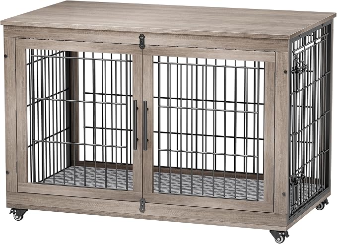 YaFiti Dog Crate Furniture, 44" Wooden Indoor Dog Kennel, 2 Pack, Grey | Cushion, Wheels, Double Doors, for Large Dogs, Up to 85 lb, Furniture Style, Side End Table, Decorative Pet Cage House