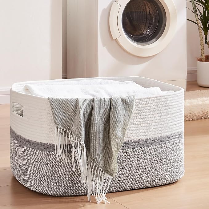 OIAHOMY Blanket Basket Laundry Basket Dog Toy Basket 75L Grey/White | Large Storage Basket,Baby Basket,Toy Storage,Woven Rope Basket for Blankets,Blanket Storage for Living Room