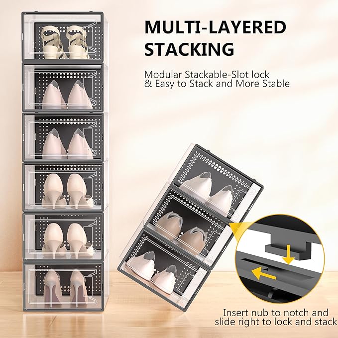 12 Pack XX-Large Stackable Clear Plastic Shoe Storage Box Organizer, Black | Easy to Assemble and Stack, Fit Size 11, Ventilated Dust-Proof, For Sneaker, Closet, Entryway, Under Bed, Replace Shoe Rack