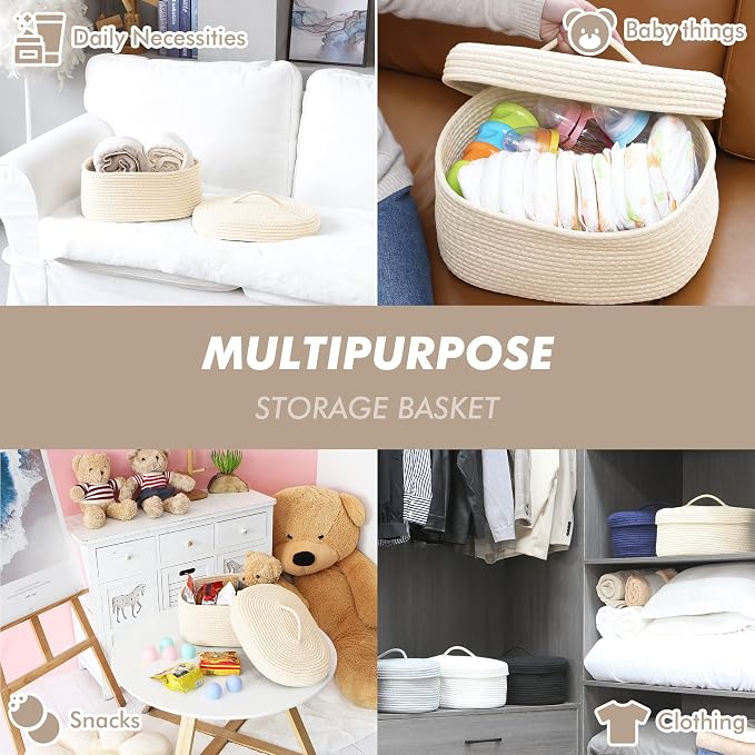 Sea Team Oval Storage Basket, Woven Cotton Rope Basket with Lid, Cream | Decorative Knitted Storage Bin, Multi-Purpose Lidded Organizer for Closet Shelves, Nursery and Household Storage