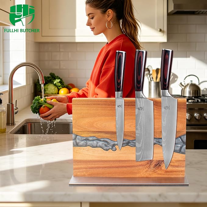 FULLHI Kitchen Magnetic Knife Block Holder, Knife Magnetic Strip with Enhanced Magnets natural wood Multifunctional Storage Holder for Kitchen Utensil, Knife Set, Scissors,Spice Ja (13.15 * 9.5inch)
