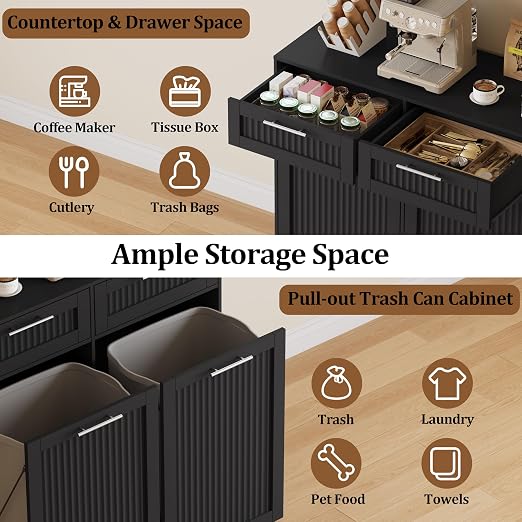 2 X 13 Gallons Pull Out Trash Can Cabinet, Double Trash Cabinet, Black | Fluted Kitchen Trash Cabinet with Drawers, Freestanding Hidden Garbage Pet Proof Trash Can Holder for Laundry, Living Room