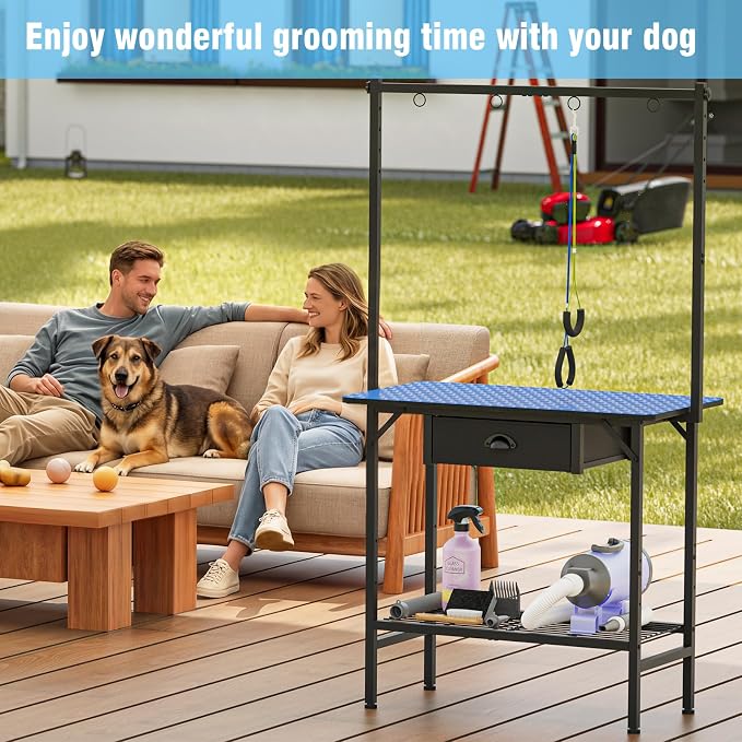 32-Inch Dog Grooming Table with Drawer & Mesh Tray,Adjustable Pet Grooming Table with Non-Slip Removable Washable Mat & EVA Protective Lanyard, Professional Grooming Table for Small Dog at Home（Blue）