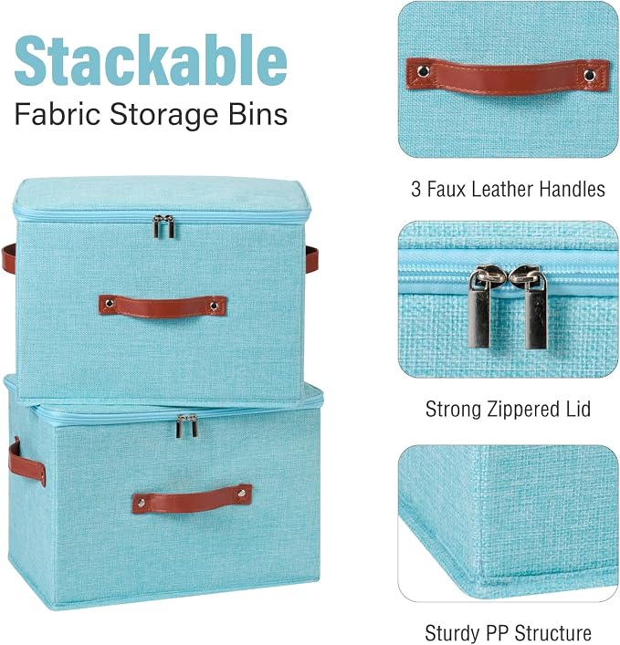 Storage Bin Box with Zippered Lid Decorative Collapsible Basket | Cotton Linen Fabric, Washable Foldable Stackable Clothes Container, Closet Shelf Organizer w/ PU Leather Handles, Blue-Large