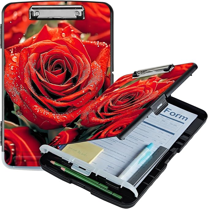 A4 Clipboard with Storage Pen Holder, Clipboards Organizer Nursing Clipboard Foldable File Folder Plastic Clipboard Folio Clip Board for Office Work Classroom Doctor, Red Rose