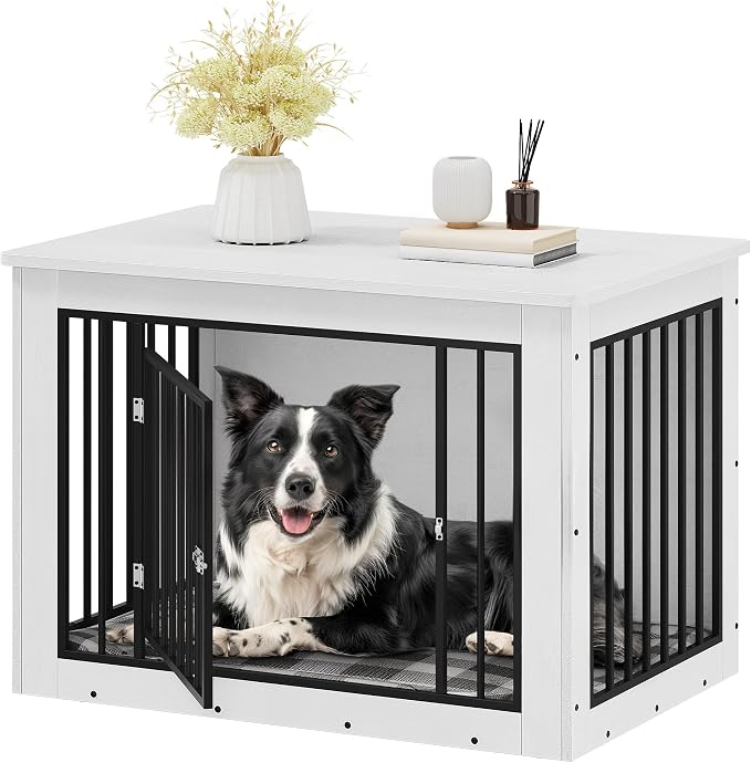 YITAHOME 38.2" Dog Crate Furniture 2-in-1 Iron-Wood Fusion up to 60 lb | Modern Dog Kennel Indoor Side End Table with Waterproof Top, Safety Corners, Steel Lock, White