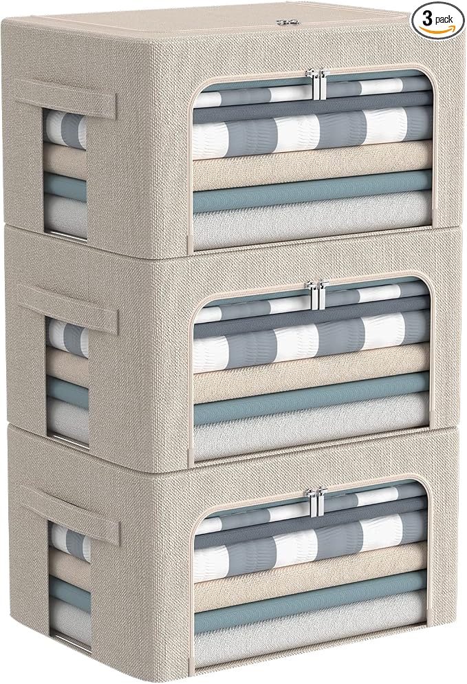 CYhom 3Pack Foldable Storage Bins - Frame Storage Box Linen Fabric Stackable Clothes Container Organizer with Clear Window & Carry Handles Large Capacity (Small-22L, Beige)
