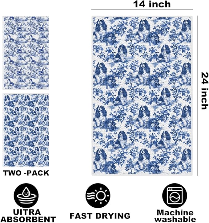 2 Pcs Chinoiserie Cavalier King Charles Spaniel Kitchen Towels 14x24 Inch, Blue and White Floral Dachshund Decorative Dish Tea Towels, Grand Millenial Botanical Dog Hand Towels for Kitchen Bathroom