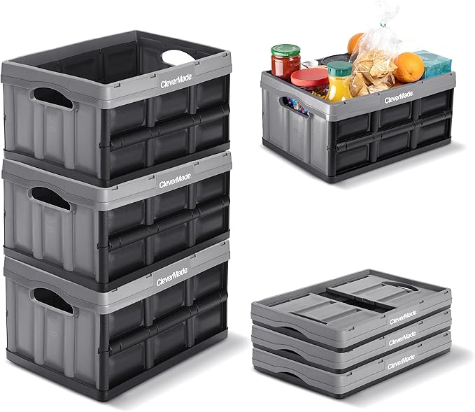 CleverMade Collapsible Storage Bins, 32L, 3 Pack Foldable Storage, Stone | Turn Trunk and Garage Clutter into Stackable Order | Reinforced Plastic Handles Up to 66 lb, Then Nests Compactly When Folded