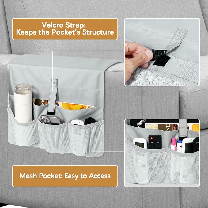 WOMACO Sofa Armrest Remote Magazine Holder, Non-Slip Armchair Recliner Caddy, Couch Arms TV Remote Control Organizer for Tablet, Phone, iPad, Laptop (Light Gray, 16" x 35")