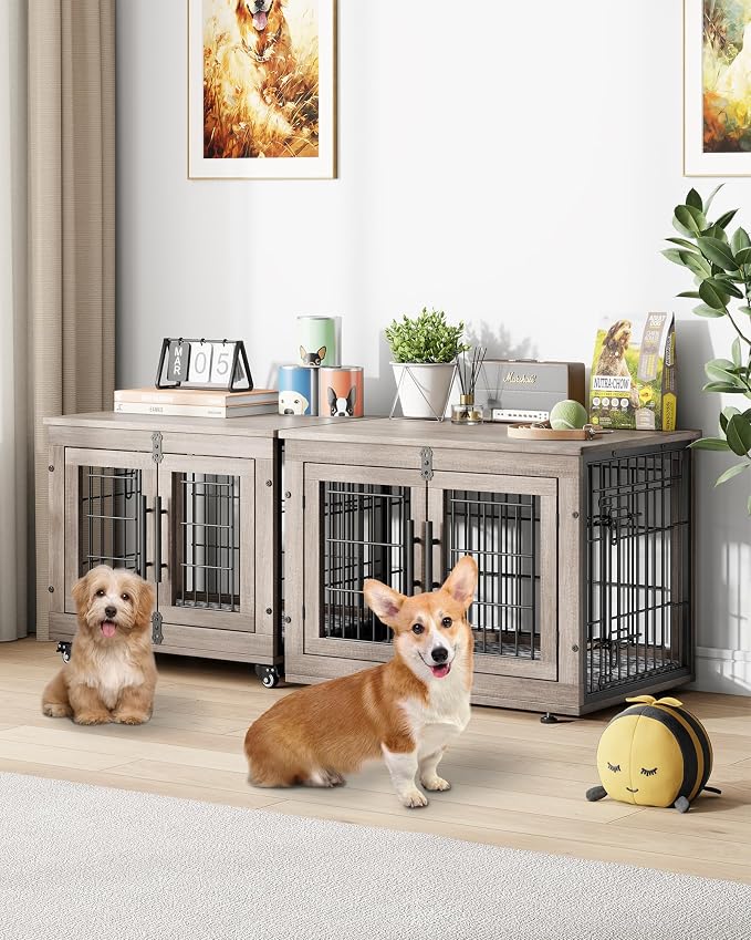 YaFiti Dog Crate Furniture, 27.2" Wooden Dog Kennel, 2 Pack, Grey | for Small Dogs, Up to 30 lb, Cushion, Wheels, Double Doors, Furniture Style, Side End Table, Decorative Pet Cage House
