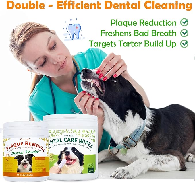 Petstoral Dental Cleaning Kit, Dental Care Wipes to Clean Plaque on The Surface of The Teeth, Beef Liver Flavour Dental Powder with Probiotic to Solve Oral Problems from The Inside of Digestion