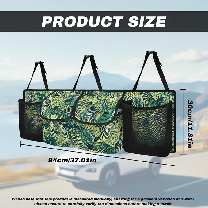 Dreaweet Trunk Organizer for Car Women Green Palm Leaf Print Trunk Organizers for SUV with 4 Pockets Collapsible Trunk Storage Organizer Backseat Hanging Car Organizer for Sedan Truck Van