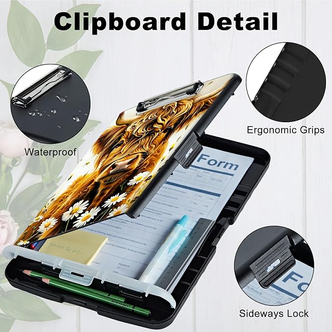 Flower Yellow Cow A4 Clipboard with Storage Pen Holder, Clipboards Organizer Nursing Clipboard Foldable File Folder Plastic Clipboard Folio Clip Board for Office Students Classroom Doctor