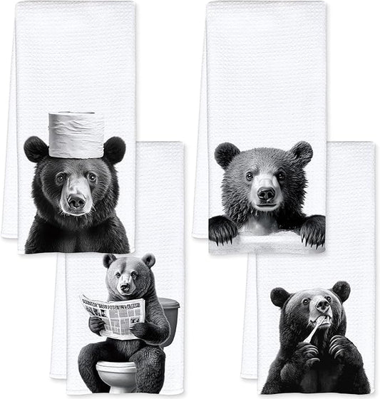 Bear Bathroom Decor Hand Towels, Bear Gifts for Women Men, Animal Lover Gifts, Black and White Wild Animal Hand Towels for Bathroom Washroom Restroom Decor, 16x24 Inch, Set of 4