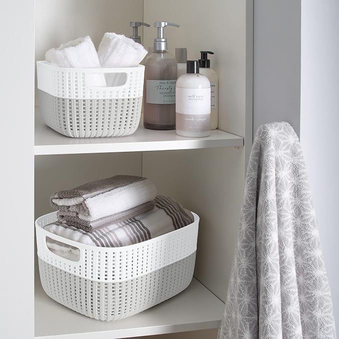 Simplify 2 Pack 2 Tone Sailor Knot Plastic Storage Tote | Decorative Basket | Closet Organization | De-clutter | Accessories | Toys | Bathroom Organization | Medium | Heather Grey