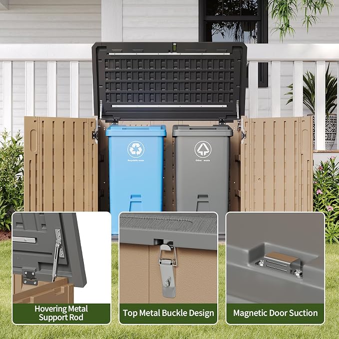 Aoxun Outdoor Storage Cabinet 35 Cu.Ft Outdoor Trash Can Storage Shed,Brown | Waterproof Horizontal Storage Shed Outdoor Storage for Garbage Bin, Generator, and Lawn Mower