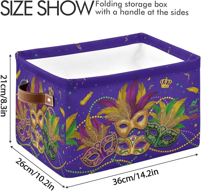 Mardi Gras Purple Storage Basket with Waterproof Liner and PU Handles Masquerade Mask Fleur de Lis Storage Bins Boxes 14.2" Collapsible Decorative Organizer Baskets for Bedroom Closet Office 2 Pack