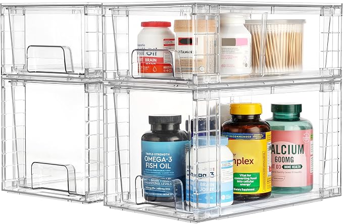 Vtopmart Clear Stackable Storage Drawers, 8 Pack Mixed Organizer Set | Medium and Small Pull-Out PET Drawers with Stackable Design for Flexible Organization, Cabinets, Closets, Pantry