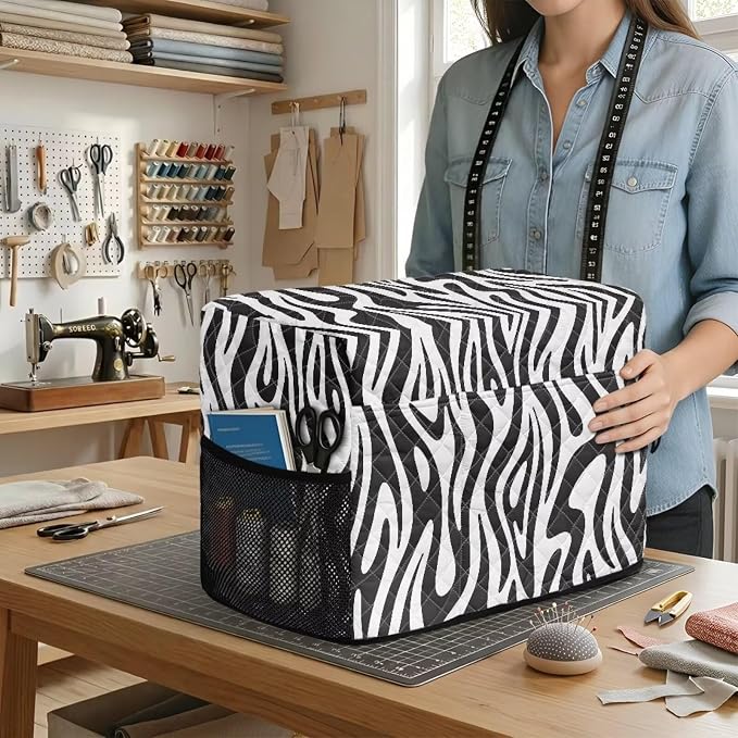 Sewing Machine Cover Polyester Febric Classic Zebra Texture Print | Dust Pet Hair Protection,Quilting Design,Fits Standard Singer,Brother Janome Machines,Protecting Decorating Your Sewing Space