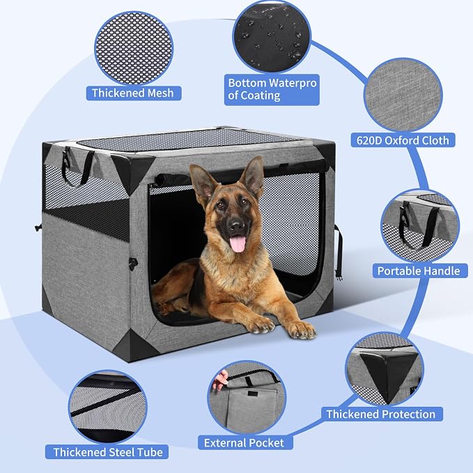 Dog Crate,30x21x21 Inch Large Dog Crate for Large or Medium Dogs, Portable and Foldable Design of Dog Cage, Perfect for Travel or Home Use, Dog Kennel with 3-Door and Durable Mesh Windows, Light Grey