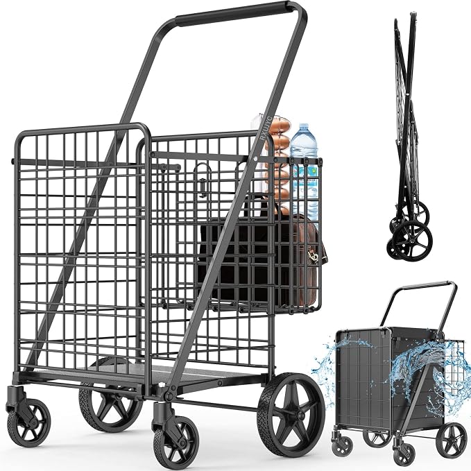 450lbs Capacity Shopping Cart,Upgrade Huge Grocery Cart on Wheels | Heavy Duty Foldable Utility Shopping Carts with Double Basket and 360° Rolling Swivel Wheels for Groceries Laundry Transport