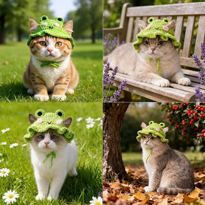 Cute Cat Hat Costume Suitable for 5 to16 lbs - Frog Cat Bonnet Head Circumference 11" or Less Cat Halloween Costumes Pet Photography Outfits