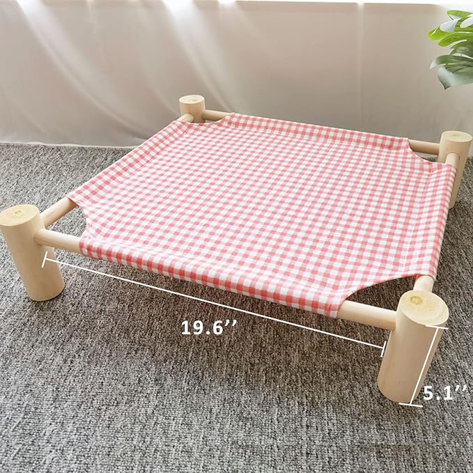 Pozico Elevated Cat & Dog Bed – Wooden Frame Pet Hammock for Small Dogs & Cats, Indoor/Outdoor Raised Bed with Breathable Mesh, Portable Pet Cot Furniture – Pink Grid