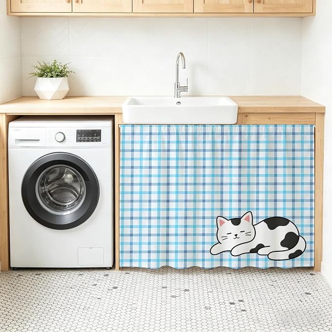 Cute Cat Oven Skirt Curtain for Kitchen Decor 28"x35", Blue Purple Checked Modern Pet Cats Rustic Self Adhesive Stove Curtains Skirt Cabinet Curtains for Bathroom Laundry Room