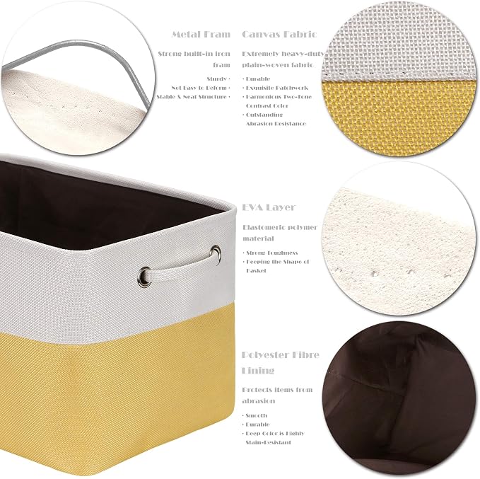 Sea Team Large Rectangle Canvas Open-Top Storage Baskets, 3-Pack | Collapsible Fabric Storage Bins with Handles, Closet Shelf Organizers, 15 x 10 x 10 Inches, Yellow & White