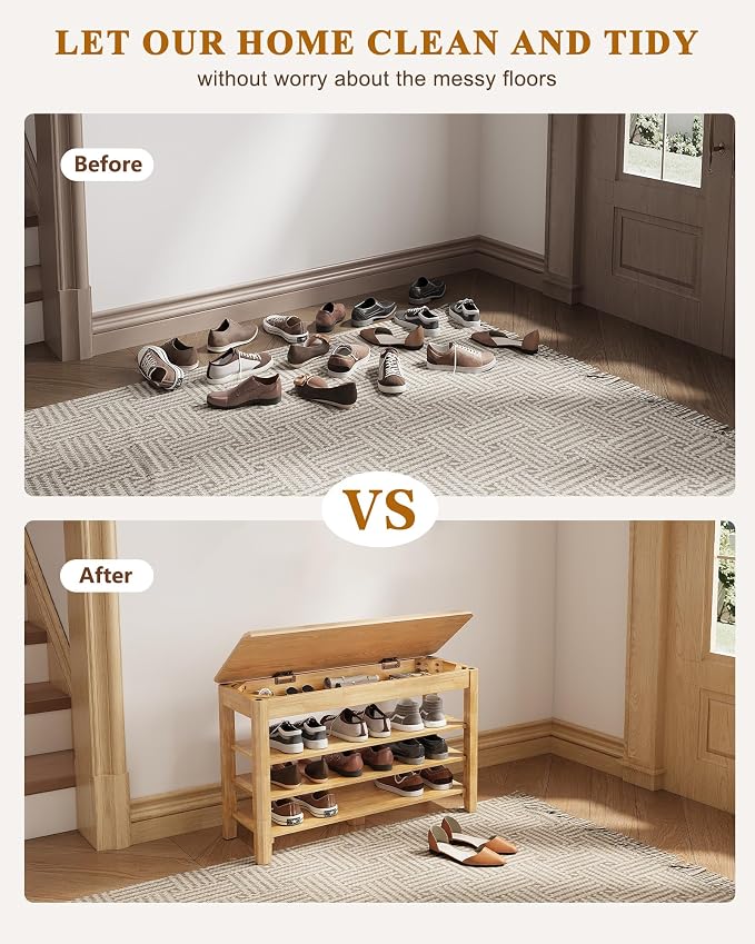 IUNVR Shoe Rack Bench Seat Rubberwood 3-Tier Wooden Storage Bench 550lbs Compact Mid-Century Modern Design for Entryway, Hallway, Closet, Front Door Entrance, Foyer