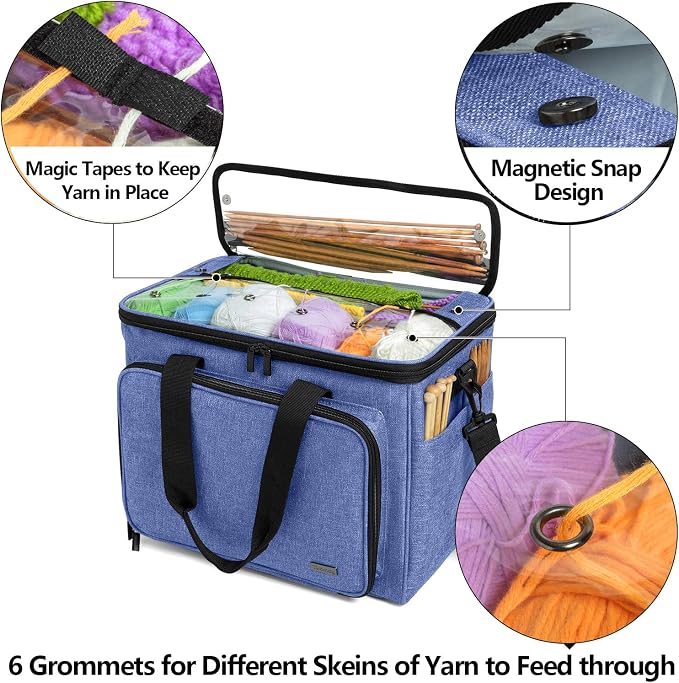 Teamoy Knitting Bag, Yarn Storage Organizer Crochet Bag Tote, Dark Blue | Yarn Holder with Inner Divider(Sewn to Bottom) for Crochet Hook, Knitting Needles(Up to 14"), Project and Crocheting Supplies