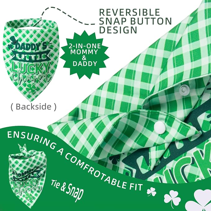 Dog Bandanas for St. Patricks Day 2-in-1 Daddy's/Mommy's Little Lucky Charm - Double-Sided Green Plaid, Pet Lucky Holiday Costumes Scarf with Snap Button, Medium & Large Breeds (30-75lbs)