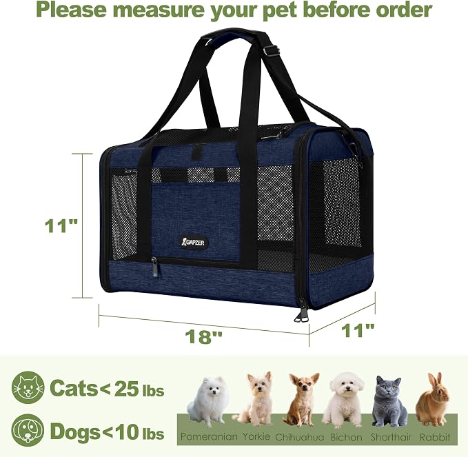 GAPZER Cat Carrier 18x11x11 United Airline Approved, Soft Pet Flying Kennel | Small Dog Chihuahua Crate 5-10 Pounds, Softshell Kitty Taxi Transport Cage 18lbs, Sturdy Miniature Poodle Top Loader Vet Case