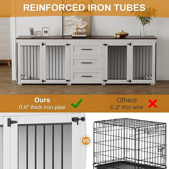 OUYESSIR 94.5" Double Dog Crate Furniture for Medium Large Dogs, White | Extra large dog kennel fits 2 Medium or large dogs, 3 Storage Drawers, 4 removable Stainless steel dog bowls, Solid Wood