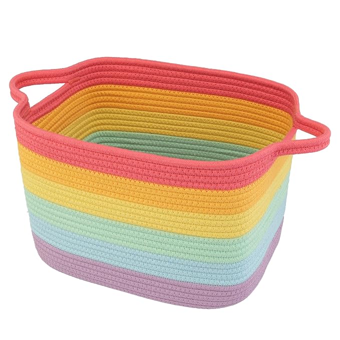XUANGUO Woven Cotton Rope Storage Basket with Handles 13x10x9 inch Rainbow | Woven cotton rope basket for shelves and closets. Perfect for toys, books, clothes, nursery storage and gift baskets